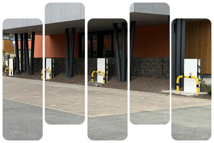 Rangée de bornes de recharge gérées dynamiquement sur un parking d'entreprise