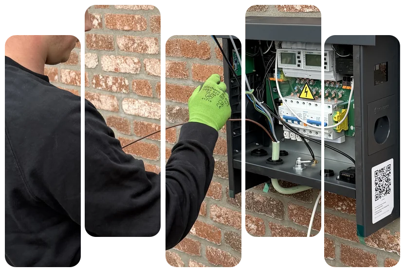 Pose du coffret d'une borne de recharge sur la façade d'une maison