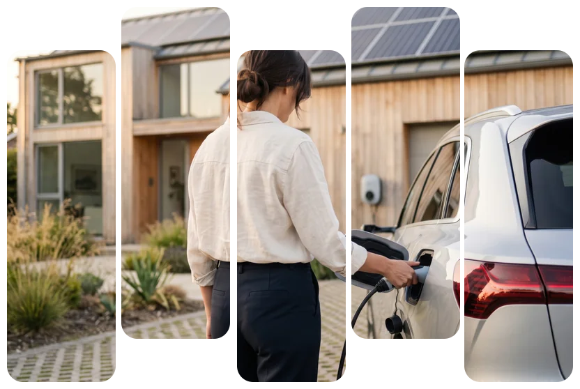 Recharge d'une voiture électrique sur sa borne murale devant la maison